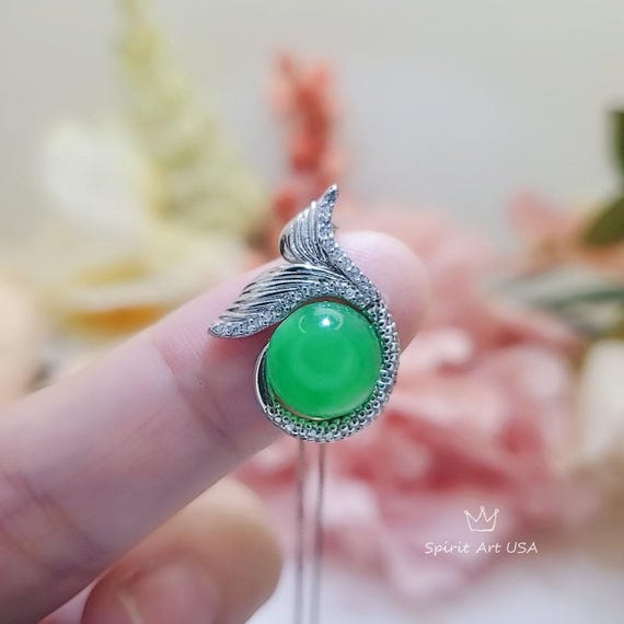 Green Jade Necklace Gemstone Mermaid Pendant White Gold plated Sterling Silver Fish Tail  Natural Genuine Green Jade Jewelry #963
