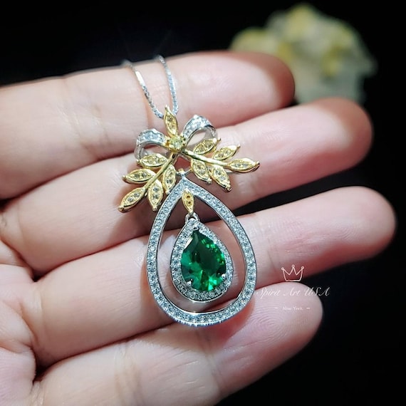 Olive Branch Green Emerald  Necklace 18KGP Sterling Silver Peace Tree 2.5 Ct Pear Cut Emerald Pendant  -  Tree Of Life Emerald Jewelry #853