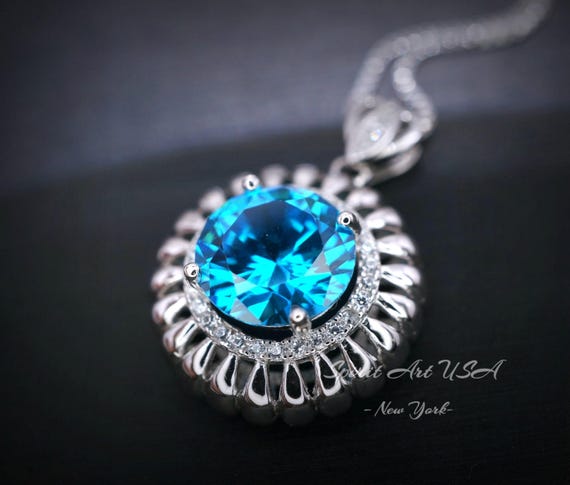 Swiss Blue Topaz Necklace - Large Sterling Silver  - Gemstone Sunflower Style - White Gold coated - Round 4 CT - Blue Topaz Pendant #943