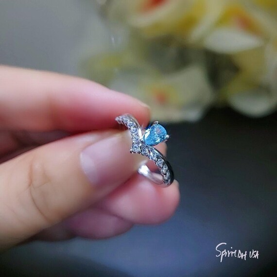 Crown Blue Aquamarine Ring   Sterling Silver Sim Diamond Dainty Teardrop Pear Blue Gemstone Solitare Halo Ring 1062