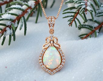 Rose Gold Fire Opal Necklace Sterling Silver Teardrop Tiny White Opal Pendant Solid 18kgp 074