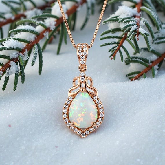Rose Gold Fire Opal Necklace Sterling Silver Teardrop Tiny White Opal Pendant Solid 18kgp 074