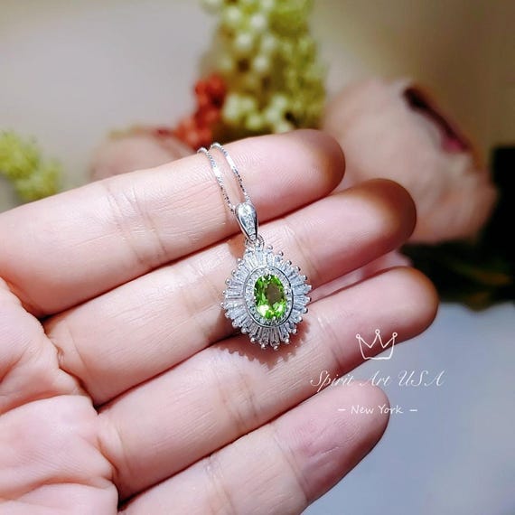 Genuine Peridot Necklace - 18kgp @ Sterling Silver Natural Green Peridot Olivine Necklace -   August Birthstone Anniversary Green #619