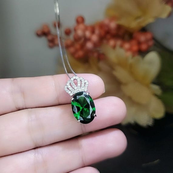 Large Emerald Necklace - 18KGP @ Sterling Silver - Royal Crown  Necklace - Lab Created Green Emerald Pendant #785