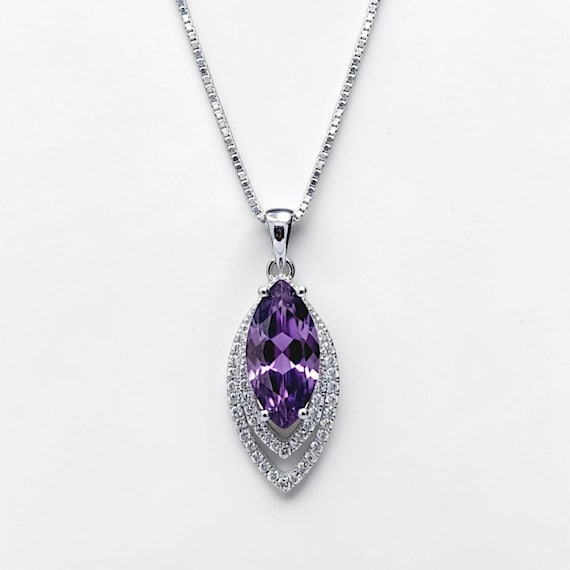 Genuine Marquise Amethyst Necklace, Sterling Silver - White Gold Coated Double Diamond Halo -  Large 3 CT Created synthetic  Diamond Leaf