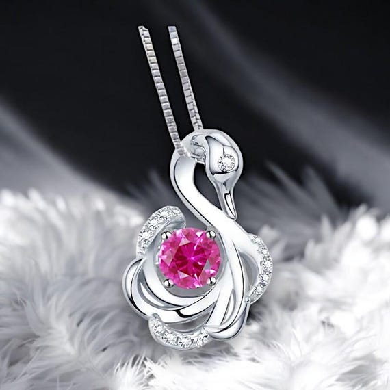 Pink Sapphire Swan Necklace, Animal Bird Pink Sapphire Jewelry - 18k White Gold @ Sterling Silver Adjustable chain #1011