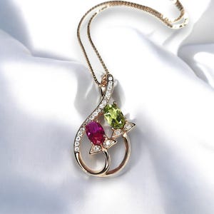 Dainty Ruby Peridot Necklace, Rose gold coated Sterling Silver Green Peridot Pendant,  Flower Red Ruby Peridot birthstone #1000