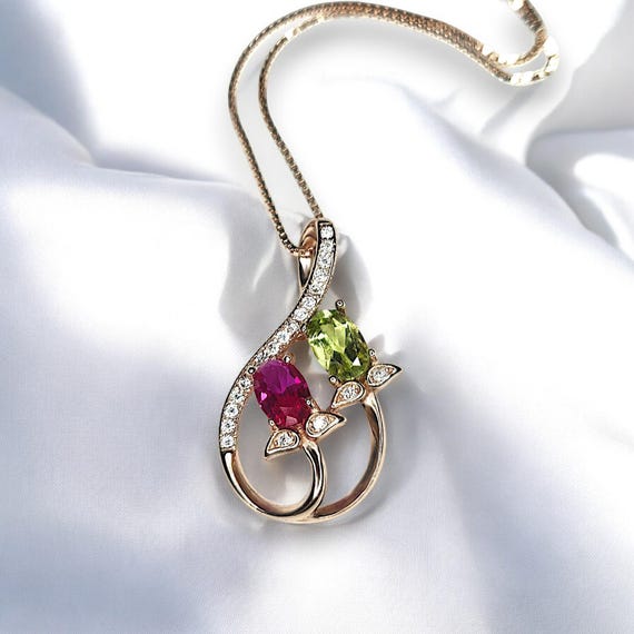 Dainty Ruby Peridot Necklace, Rose gold coated Sterling Silver Green Peridot Pendant,  Flower Red Ruby Peridot birthstone #1000