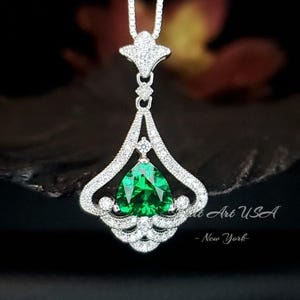 Mandolin flower Emerald Necklace - 1.2 ct Trillion Cut Green Emerald Pendant -  White Gold coated Sterling Silver Gemstone Design #759