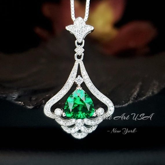 Mandolin flower Emerald Necklace - 1.2 ct Trillion Cut Green Emerald Pendant -  White Gold coated Sterling Silver Gemstone Design #759