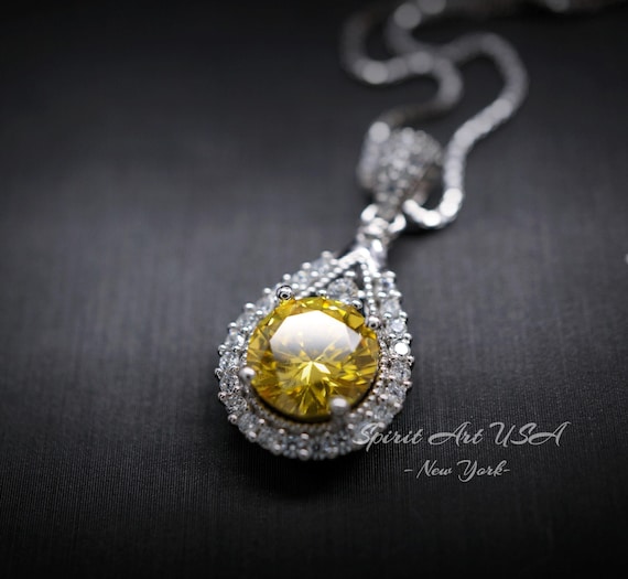 Moissanite Yellow Diamond Necklace - Lab Created Citrine Round 2.2 CT Fashion Pendant - 18KGP & Sterling Silver - November Birthstone #178