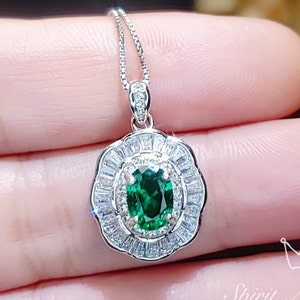 Tiny Emerald Necklace Gemstone Lotus Sterling Silver Flower Green Gemstone Pendant White Gold plated May Birthstone #328