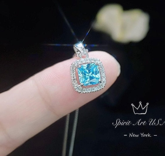 Square Aquamarine Pendant - Full 925 Sterling Silver Tiny Asscher Aquamarine Necklace 045