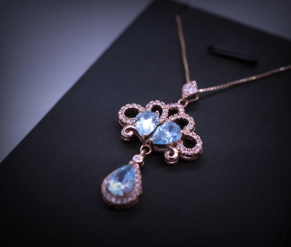 Rose Gold Blue Aquamarine Necklace - Sterling Silver Sky Blue aquamarine Tassel Necklace - Wedding Bridal Pendant, Phoenix Flower  1074