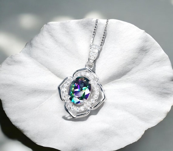Small Mystic Topaz Necklace 1.5 ct -Sterling Silver White Gold  Flower of Life Pendant #1009