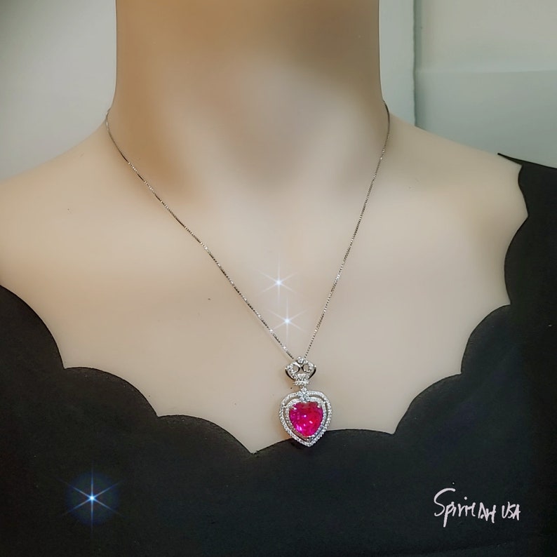 full 925 Sterling Silver Large Red Heart Royal Crown July Birthstone Ruby Pendant Fuchsia Red Ruby Heart Necklace