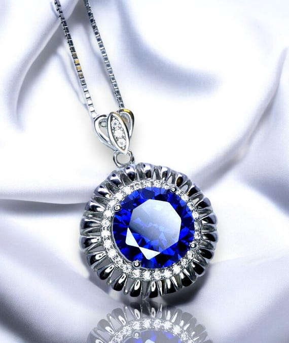 Round Blue Tanzanite Necklace - Halo 10 MM 4 CT  Tanzanite Pendant - 18k White Gold @ Sterling Silver Royal Blue Gemstone #577
