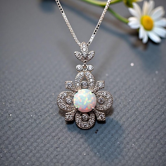 Vintage White Opal Necklace in Sterling Silver,  8mm Opal Pendant, 18K White Gold Plated Floral Jewelry, Anniversary Gift  #1145