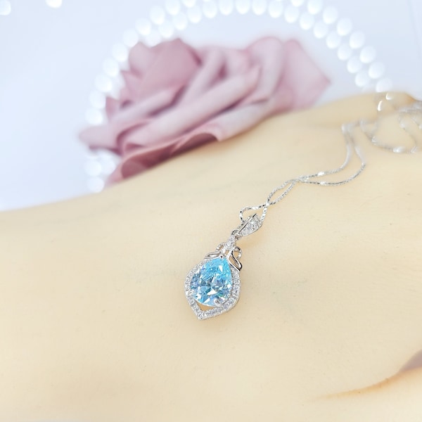 Aquamarine Necklace - 18KGP @ Sterling Silver Blue Aquamarine Pendant -  Mini Teardrop Blue Gemstone March Birthstone #297