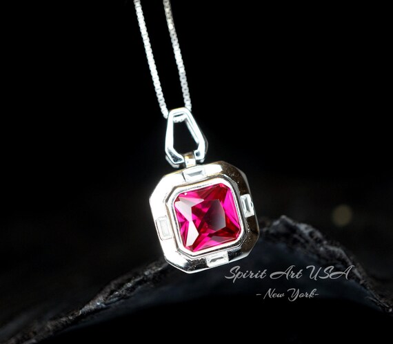 Square Scissor Cut Ruby Necklace - Red Ruby Pendant White gold @ Sterling Silver - July Birthstone  Adjustable Chain - Red Ruby Pendant #302