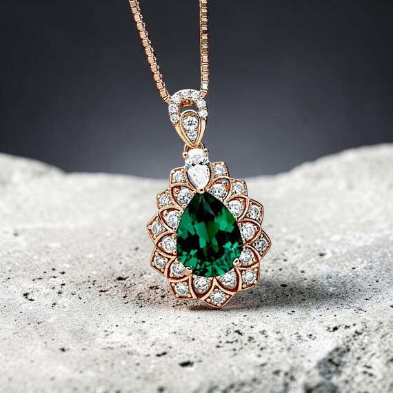 Lily Flower Emerald Necklace - 18KRGP & Sterling Silver - 3 CT Green Emerald Pendant May Birthstone Layered Double Halo Emerald Jewelry #681
