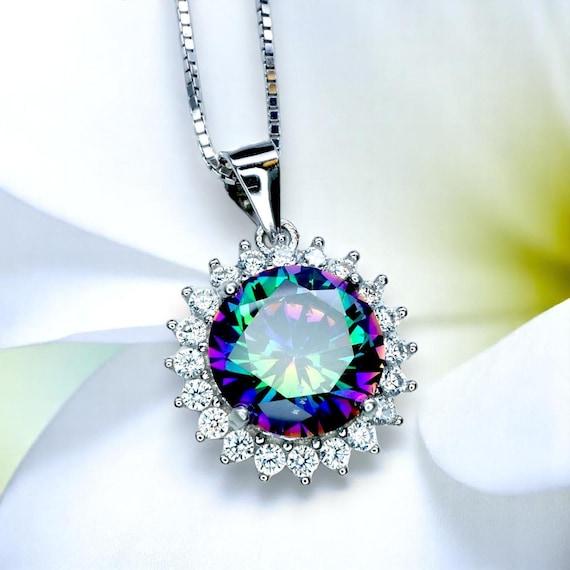 Mystic Topaz Necklace - Gemstone Sunflower Style - White Gold plated Sterling Silver - Princess Diana Style 10mm Rainbow Topaz Jewelry #363