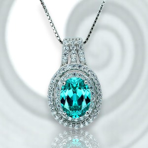 Green Paraiba Necklace - Double Halo - Paraiba Tourmaline Pendant - 18kgp @ Sterling Silver White Gold Oval Cut  Paraiba Jewelry #516