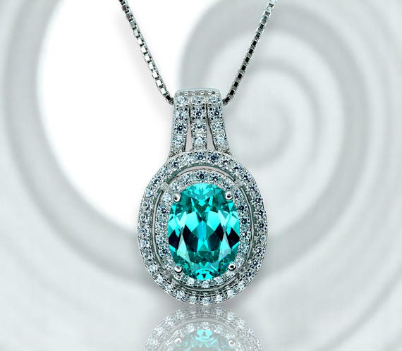 Green Paraiba Necklace - Double Halo - Paraiba Tourmaline Pendant - 18kgp @ Sterling Silver White Gold Oval Cut  Paraiba Jewelry #516
