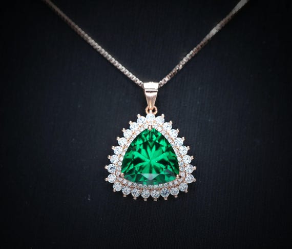 Large Triangle green emerald Necklace -  Rose Gold Coated Sterling Silver High Quality Trillion Cut 8 CT Emerald Pendant #724