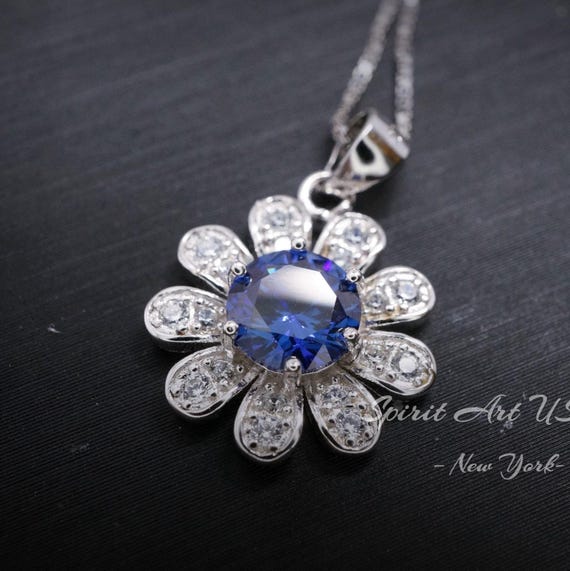 Tiny Tanzanite Sunflower Necklace Sterling Silver - December Birthstone -   Tanzanite pendant Sterling Silver 053