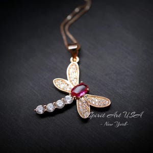 Dragonfly Ruby Necklace - Rose Gold Coated 925 Sterling Silver - July Birthstone oval cut red ruby 16"  ~20"  Chain #337