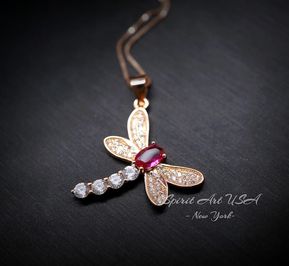 Dragonfly Ruby Necklace - Rose Gold Coated 925 Sterling Silver - July Birthstone oval cut red ruby 16"  ~20"  Chain #337