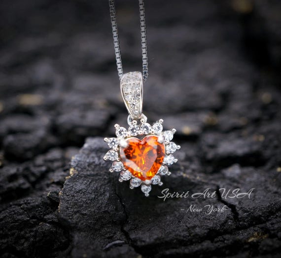 Tiny Sunstone Heart Necklace - Sterling Silver Tangerine Sapphire  Spessartite Garnet Necklace Minimalist Orange Heart Pendant 024