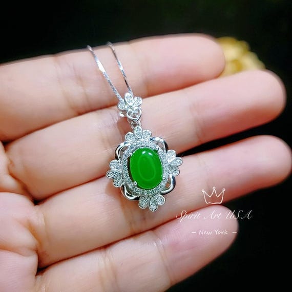 Gemstone Flower  Green Jade Necklace -    White Gold Coated Sterling Silver Oval Jade Jewelry #672