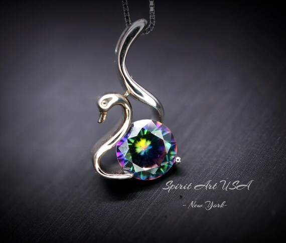 Mystic Topaz Swan Necklace - 18Kgp @ Sterling Silver - Rainbow Mystic Topaz Pendant -  Solitaire Single Simple Bird Pendant #155