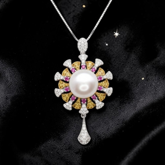 Genuine Large White Pearl Necklace,  18KGP @ Sterling Silver - Sunflower Sun Sunshine Style Fresh water Pearl Jewelry #640