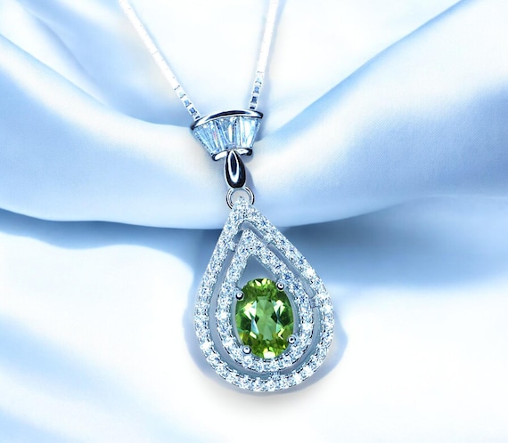 Genuine Peridot Necklace - Double Halo Sterling Silver Tiny Teardrop Natural  Peridot Jewelry August  Birthstone  #369