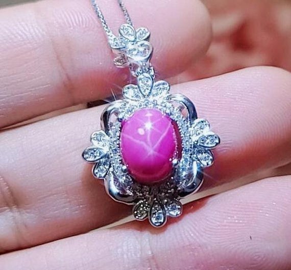 Star Ruby Necklace - Gemstone Royal Flower Ruby Pendant - 18KGP @ Sterling Silver -  July Birthstone #749