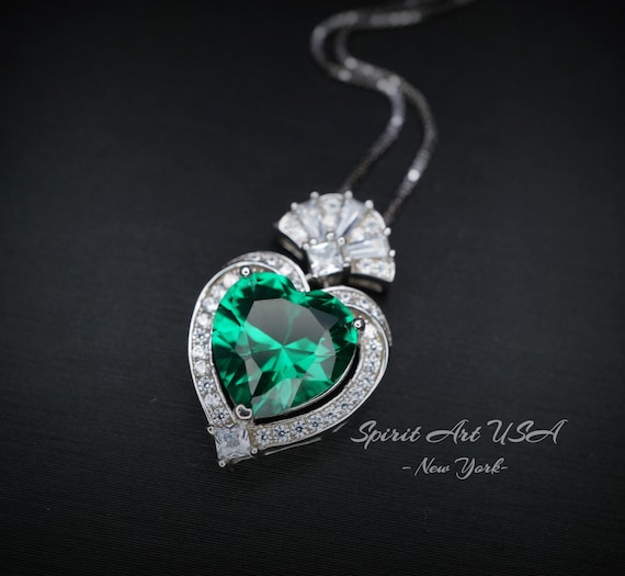 Large Green Emerald Heart Necklace -  White Gold coated Sterling Silver - 4 CT Green Emerald Pendant #576