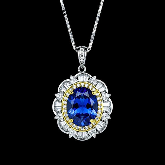 Tanzanite Necklace - Sterling Silver Flower Pendant - 18KGP @ Sterling Silver - December Birthstone - Lab Created Blue Tanzanite Pendant