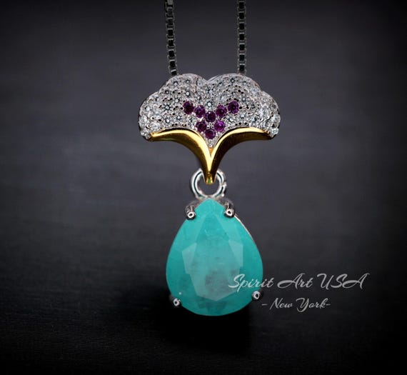 Paraiba Tourmaline Necklace - Ginkgo biloba Pendant - 18KGP Sterling Silver Large Teardrop  3.5 CT Paraiba Pendant Diamond Leaf Jewelry #685