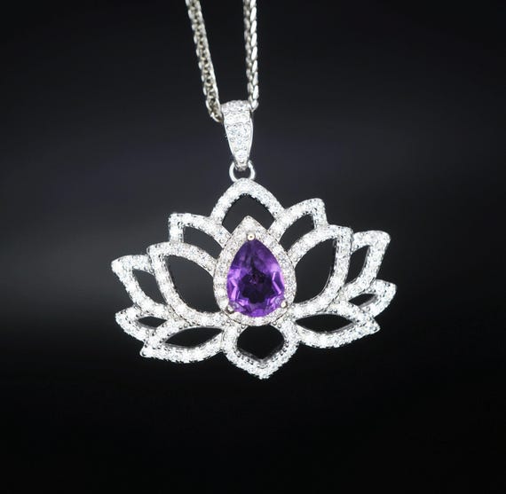 Lotus Style Genuine Amethyst Necklace Gemstone Water lily Pendant 18KGP @ Sterling Silver February Birthstone -  Amethyst Jewelry #697