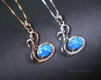 Blue Opal Necklace, Sterling Silver Fire Opal Couple Swan Pendant, Tiny Rose Gold Over Sterling Silver Bird Jewelry 1060