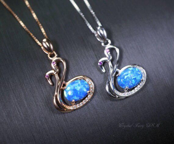 Blue Opal Necklace, Sterling Silver Fire Opal Couple Swan Pendant, Tiny Rose Gold Over Sterling Silver Bird Jewelry 1060