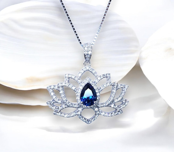 Blue Sapphire Necklace Lotus Flower Style Water lily Pendant 18KGP @ Sterling Silver Birthstone Jewelry #1017