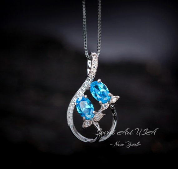 Swiss Blue Topaz Necklace Sterling Silver Leaf Necklace Blue Topaz