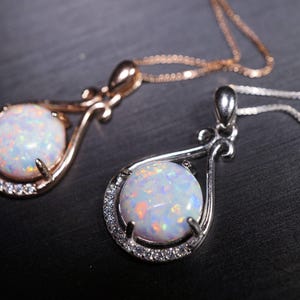 Rose Gold Opal Necklace, Sterling Silver Box Chain Round 10mm White Opal Necklace -  Large High Quality Flash Opal Jewelry #123