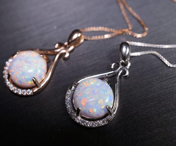 Rose Gold Opal Necklace, Sterling Silver Box Chain Round 10mm White Opal Necklace -  Large High Quality Flash Opal Jewelry #123