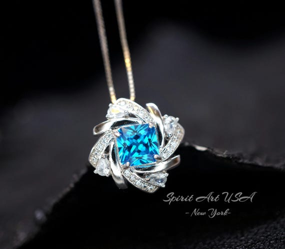 Blue Topaz Necklace, Swiss Blue Topaz Jewelry, 18kgp @ Sterling Silver  Spin Design, Radiant Square Cut Blue Topaz Pendant #313