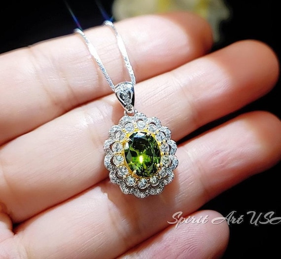 Double Gemstone Halo Peridot Necklace -   White Gold coated Sterling Silver Created Green Gemstone Jewelry #677